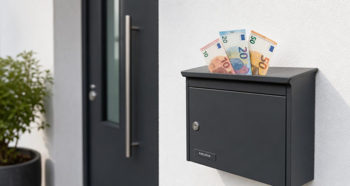 Briefkasten an einer Hauswand mit herausschauenden Euro-Geldscheinen