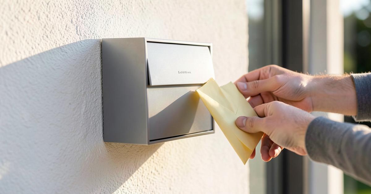Hand nimmt einen Brief aus einem modernen Briefkasten an einer Hauswand