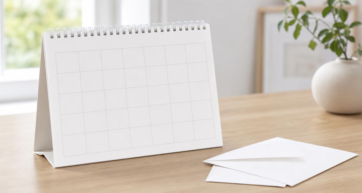 Tischkalender mit markierten Tagen neben einem weißen Briefumschlag