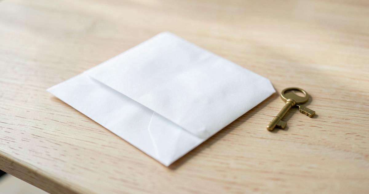 Verschlossener Briefumschlag mit Schlüssel auf einem Holztisch