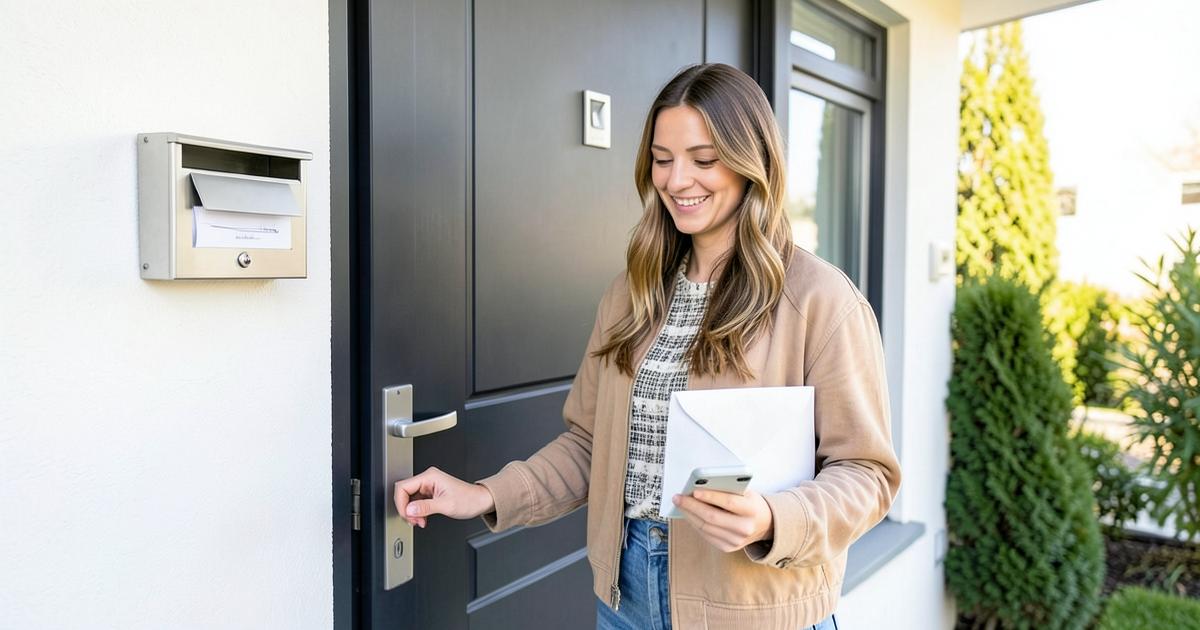 Person mit Brief und Smartphone vor der Haustür neben einem Briefkasten