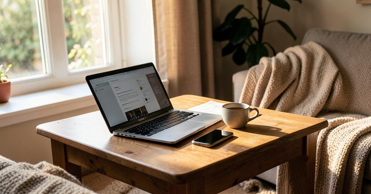 Laptop, Smartphone und Tasse auf einem Wohnzimmertisch am Fenster