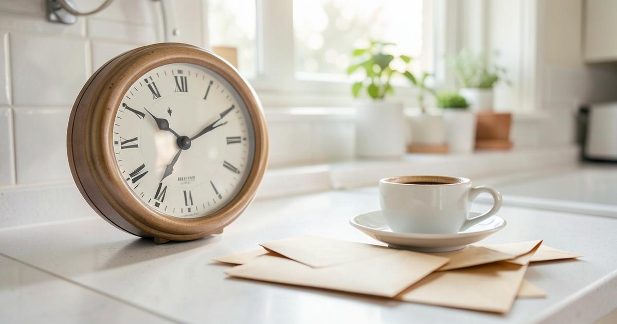 Wanduhr und Kaffeetasse neben Briefen auf einer hellen Küchenablage